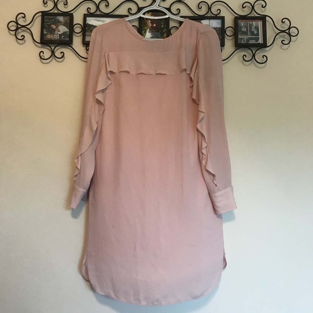 Soft pink long sleeve shift dress with ruffles
